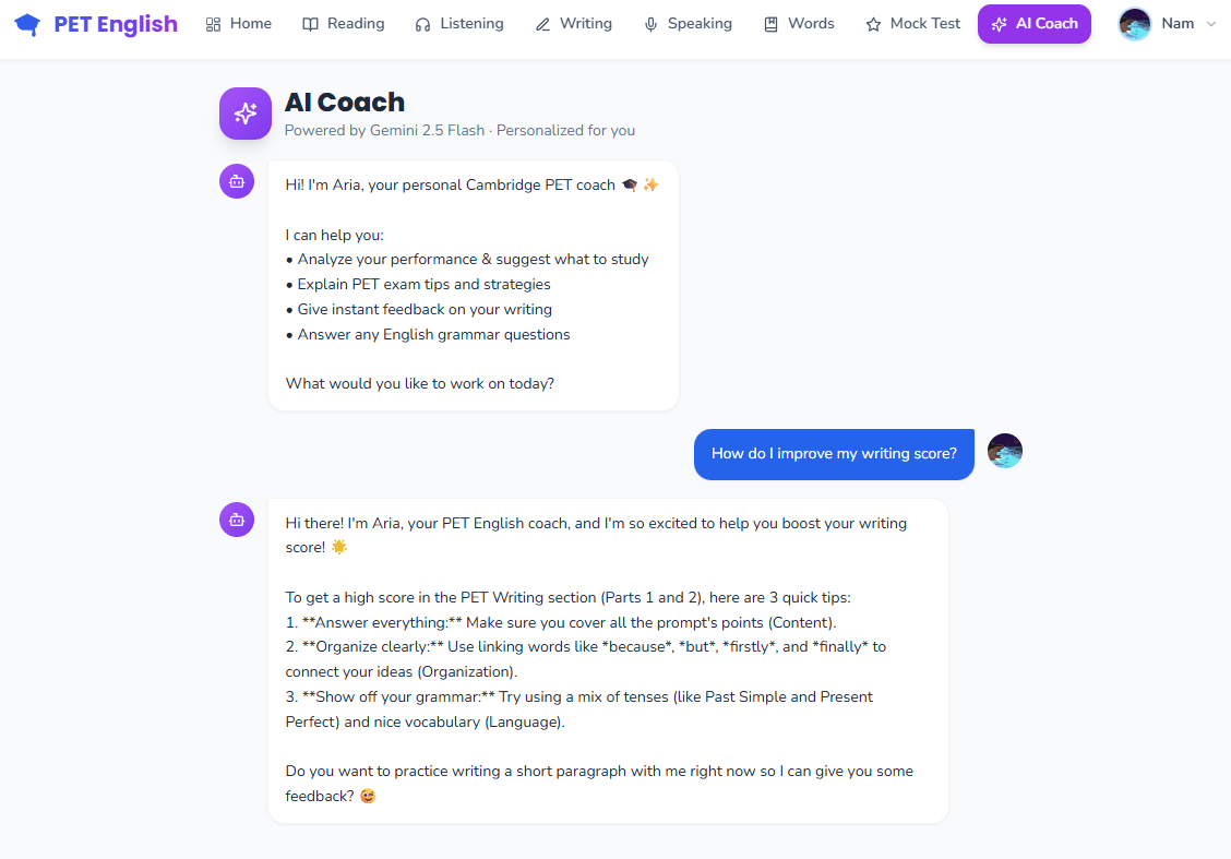 AI Coach trên PowerEdu PET/B1