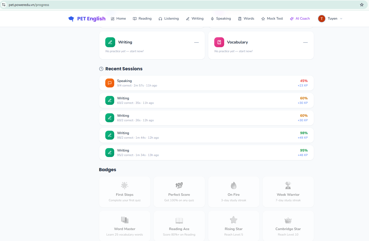 Hệ thống badges thành tích trên PowerEdu PET/B1