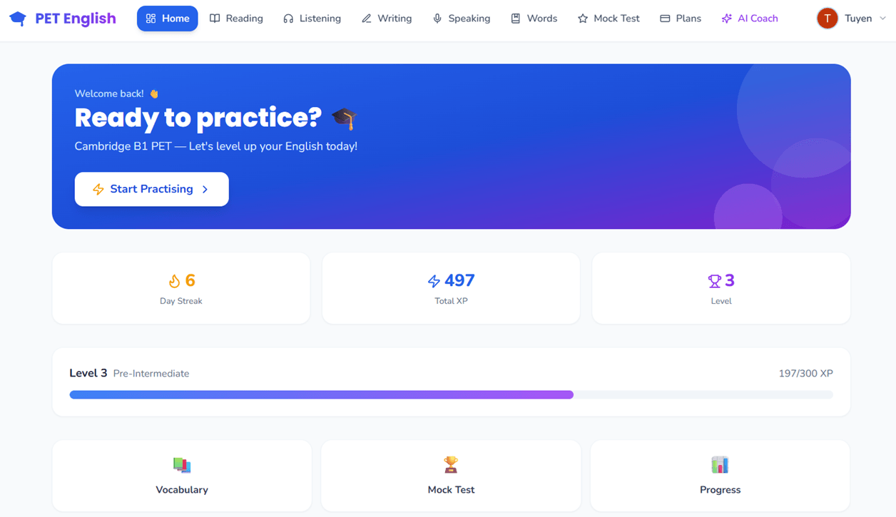 Dashboard PowerEdu PET/B1 với Reading, Listening, Writing, Speaking, Mock Test và AI Coach