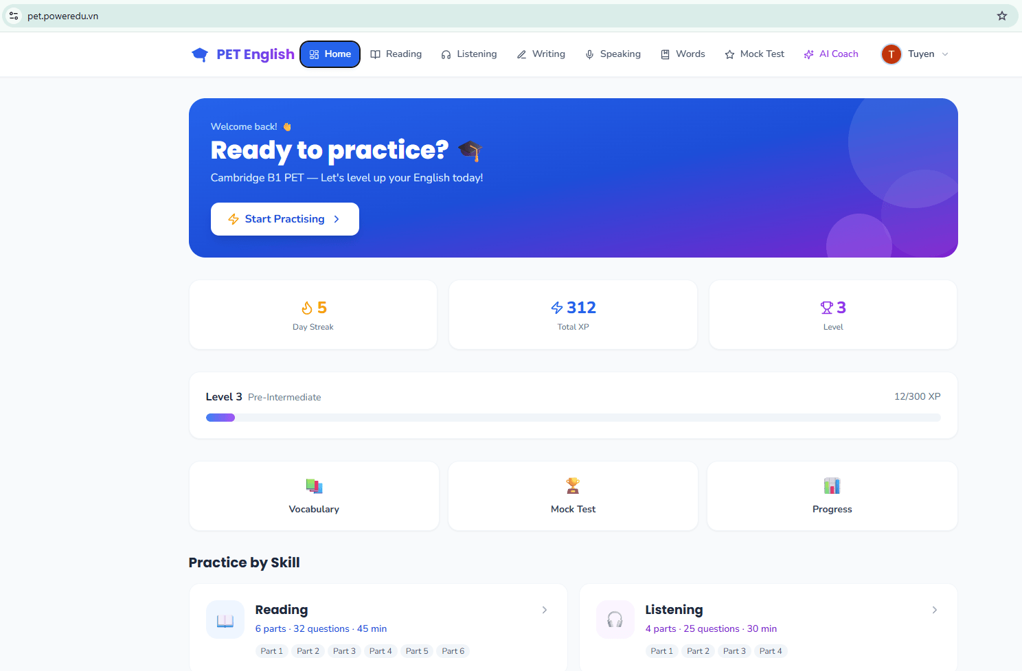 Dashboard PowerEdu PET/B1 với Reading, Listening, Writing, Speaking, Mock Test và AI Coach