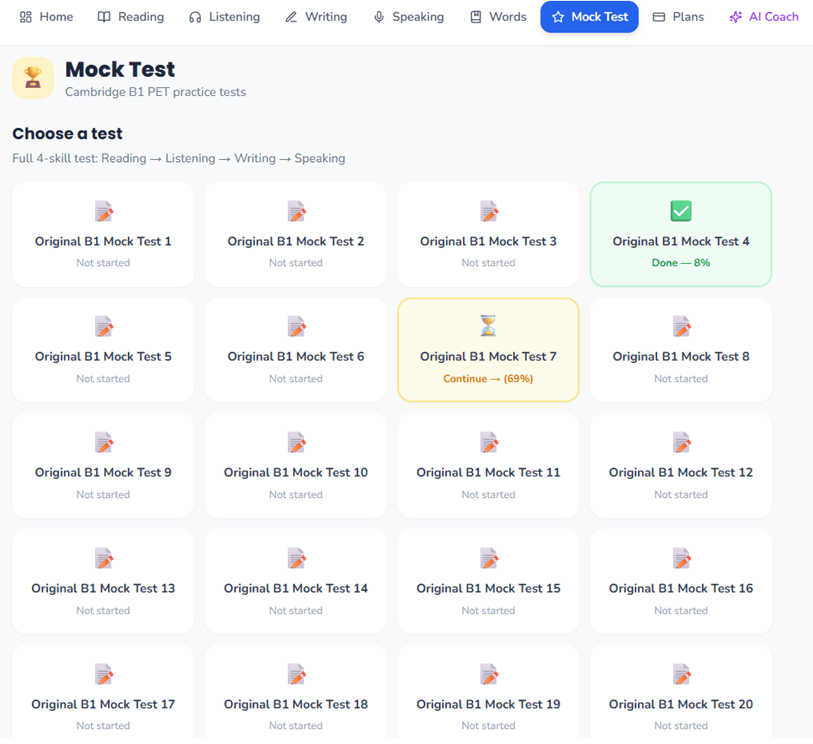 Mock Test trên PowerEdu PET/B1