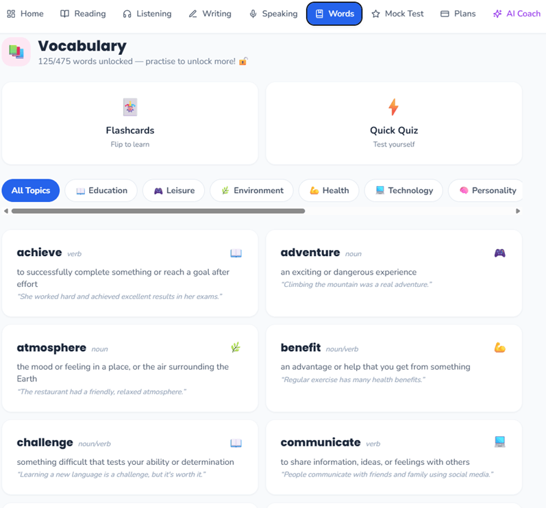 Vocabulary trên PowerEdu PET/B1