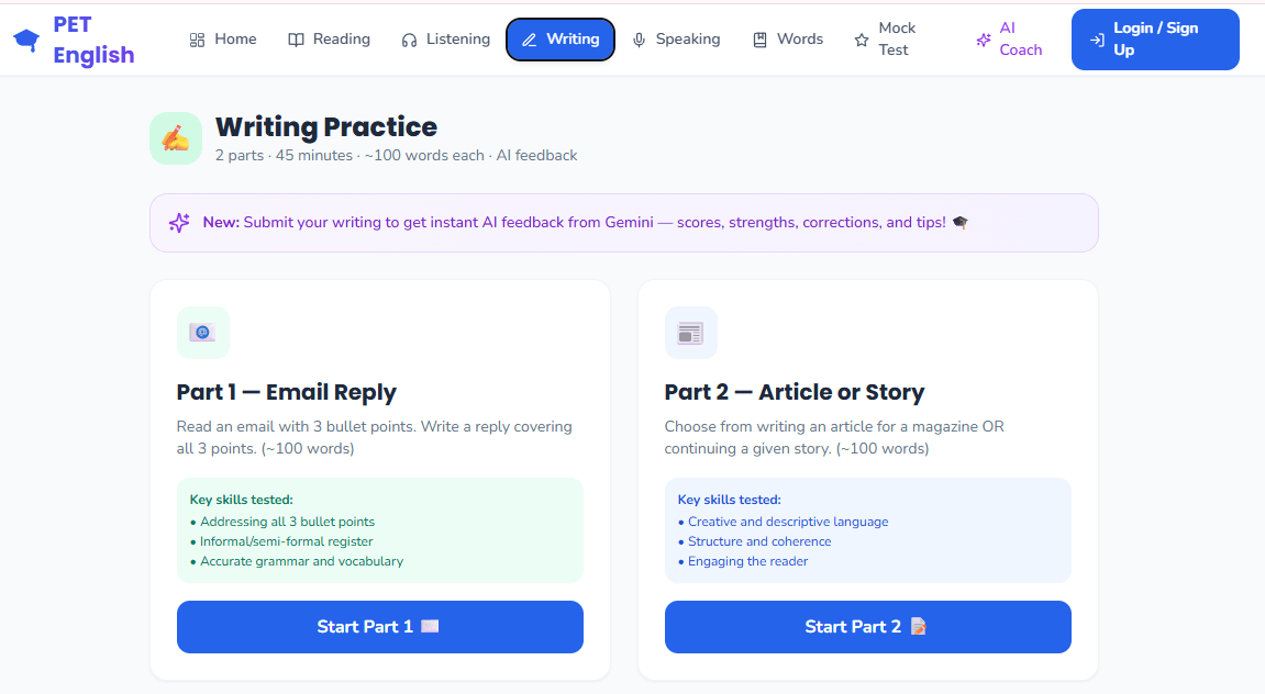 Writing trên PowerEdu PET/B1